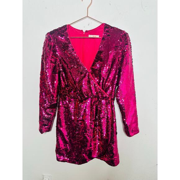 LA MAISON TALULAH Pink Sequins Long Sleeve V-Neck Sequin For Now Mini Dress L - Picture 2 of 16